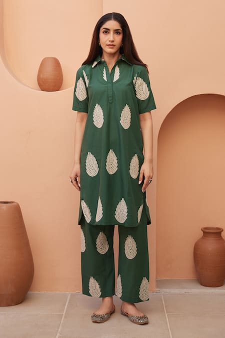 Buy_Gulabo Jaipur_Green Cotton Embroidery Collared Khalak Kurta And Pant Co-ord Set _Online_at_Aza_Fashions