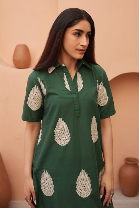 Shop_Gulabo Jaipur_Green Cotton Embroidery Collared Khalak Kurta And Pant Co-ord Set _Online_at_Aza_Fashions
