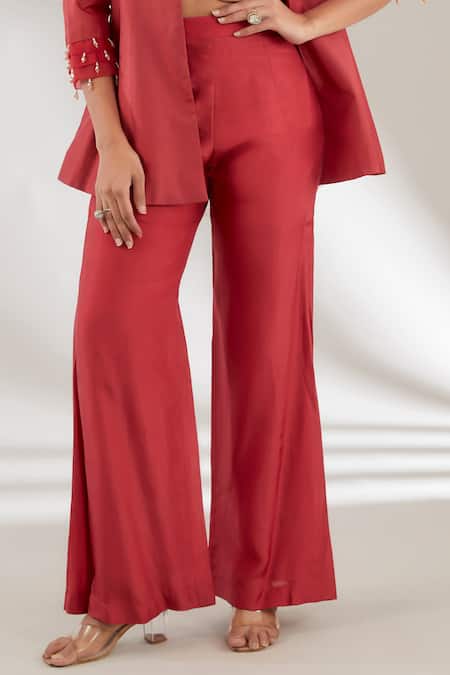 Buy_Ajiesh Oberoi_Red Embroidery Collared Upada Silk Jacket Pant Set _Online_at_Aza_Fashions