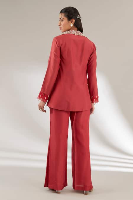 Ajiesh Oberoi Red Upada Silk Jacket Pant Set 