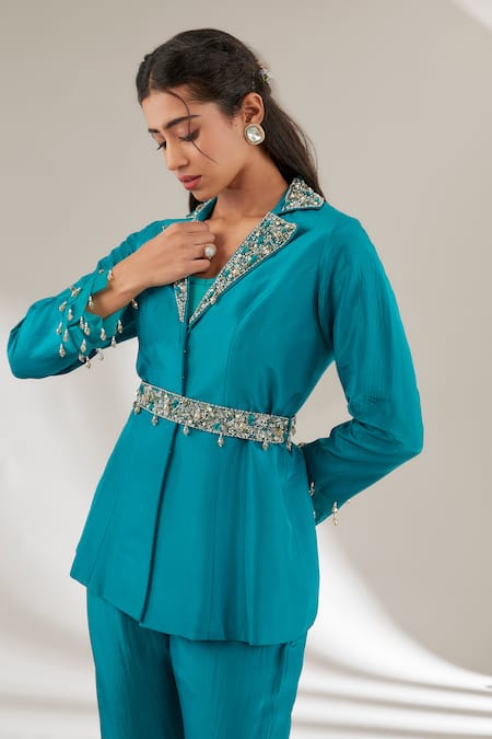 Buy_Ajiesh Oberoi_Green Beads, Embroidery Collared Embellished Jacket And Pant Set _Online_at_Aza_Fashions