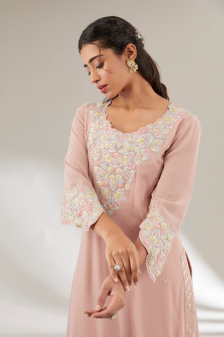 Ajiesh Oberoi_Pink Dupion, Silk, Rayon Embroidery Round Neck Kurta Set _Online_at_Aza_Fashions