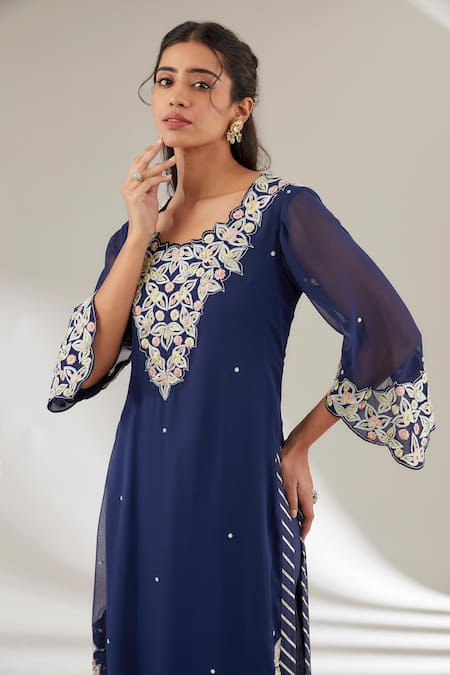 Ajiesh Oberoi_Blue Dupion, Rayon, Silk Embroidery Round Neck Kurta Pant Set _Online_at_Aza_Fashions