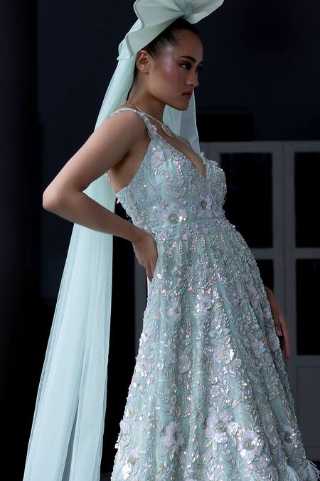 Aangan By Parul Sky Blue Organza Sequins, Embroidery V-neck Empress Essence Gown Online at Aza Fashions Aangan By Parul_Sky Blue Organza Sequins, Embroidery V-neck Empress Essence Gown _Online_at_Aza_Fashions