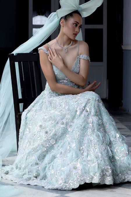 Buy Aangan By Parul Sky Blue Organza Sequins, Embroidery V-neck Empress Essence Gown Online at Aza Fashions Buy_Aangan By Parul_Sky Blue Organza Sequins, Embroidery V-neck Empress Essence Gown _Online_at_Aza_Fashions