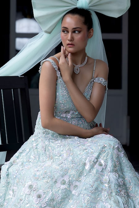 Shop Aangan By Parul Sky Blue Organza Sequins, Embroidery V-neck Empress Essence Gown Online at Aza Fashions Shop_Aangan By Parul_Sky Blue Organza Sequins, Embroidery V-neck Empress Essence Gown _Online_at_Aza_Fashions