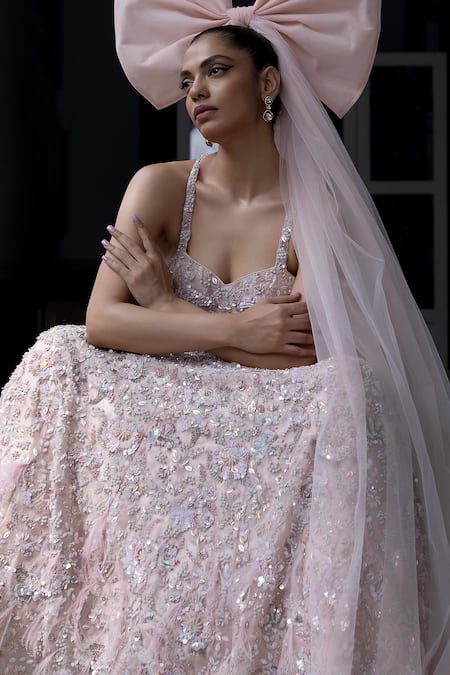 Aangan By Parul_Pink Organza Beads, Sequins Round Neck Blushful Whispers Gown _Online_at_Aza_Fashions