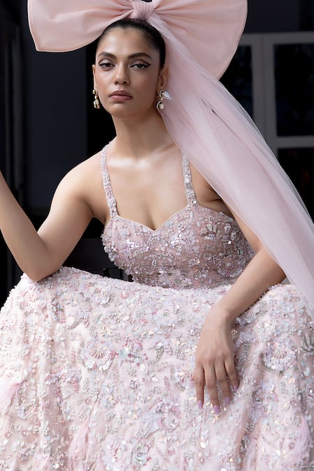 Buy_Aangan By Parul_Pink Organza Beads, Sequins Round Neck Blushful Whispers Gown _Online_at_Aza_Fashions