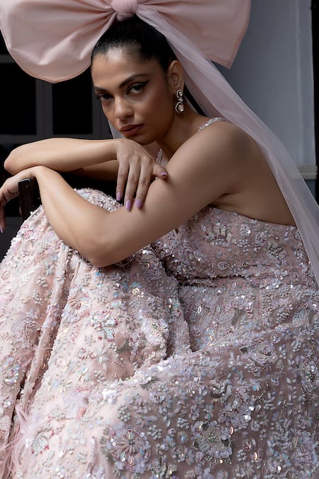 Shop_Aangan By Parul_Pink Organza Beads, Sequins Round Neck Blushful Whispers Gown _Online_at_Aza_Fashions