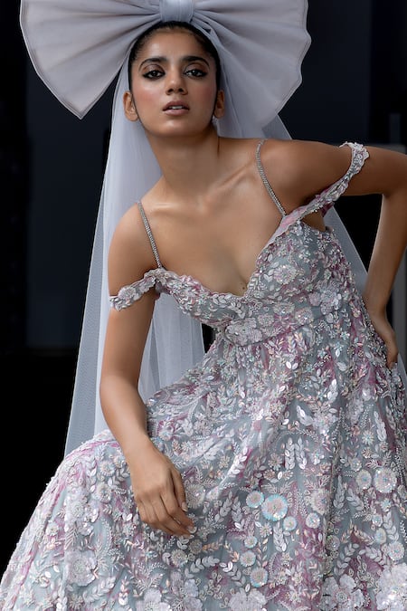 Aangan By Parul_Gray Organza Beads, Embroidery V-neck Celestial Enigma Gown _Online_at_Aza_Fashions