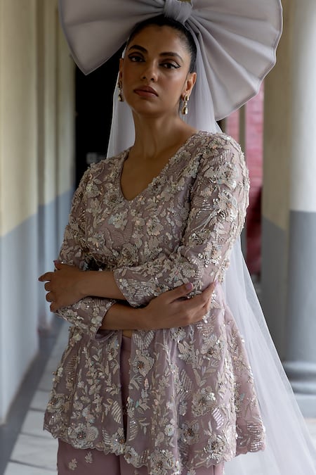 Buy_Aangan By Parul_Purple Organza Beads, Embroidery Round Neck Celestial Spires Sharara Set _Online_at_Aza_Fashions