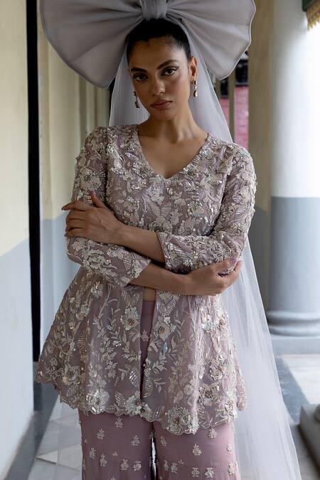 Shop_Aangan By Parul_Purple Organza Beads, Embroidery Round Neck Celestial Spires Sharara Set _Online_at_Aza_Fashions