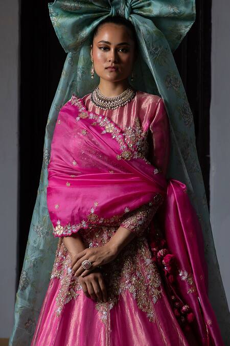 Aangan By Parul_Pink Organza Sequins, Zari, Embroidery Round Neck Ethereal Cascade Lehenga Set _Online_at_Aza_Fashions