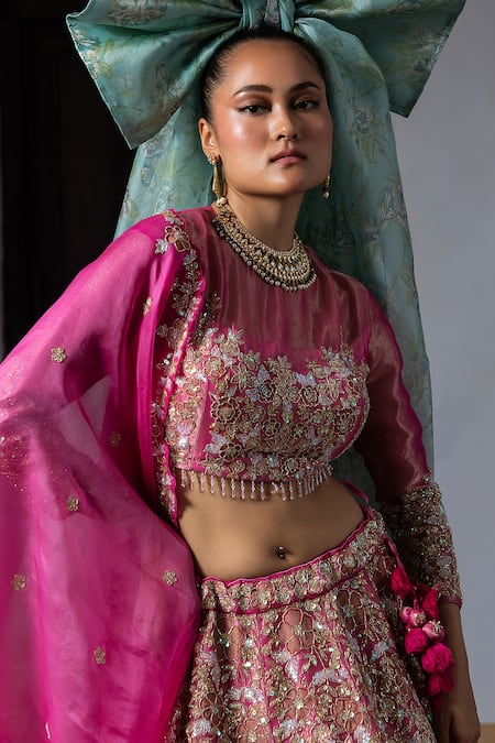 Buy_Aangan By Parul_Pink Organza Sequins, Zari, Embroidery Round Neck Ethereal Cascade Lehenga Set _Online_at_Aza_Fashions
