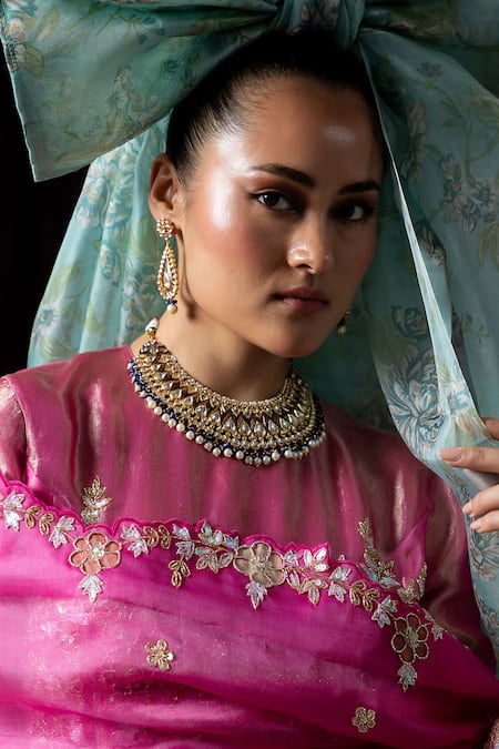 Shop_Aangan By Parul_Pink Organza Sequins, Zari, Embroidery Round Neck Ethereal Cascade Lehenga Set _Online_at_Aza_Fashions