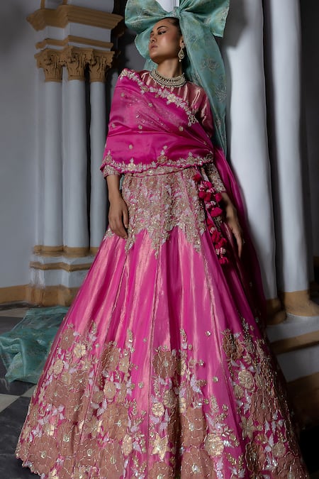 Aangan By Parul_Pink Organza Sequins, Zari, Embroidery Round Neck Ethereal Cascade Lehenga Set _at_Aza_Fashions