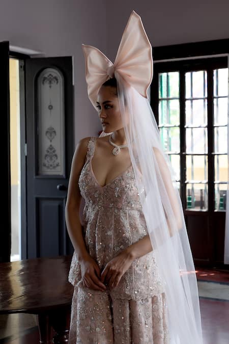 Buy Aangan By Parul Peach Organza Sequins Scoop Neck Luminous Bloom Sharara Set Online at Aza Fashions Buy_Aangan By Parul_Peach Organza Sequins Scoop Neck Luminous Bloom Sharara Set _Online_at_Aza_Fashions