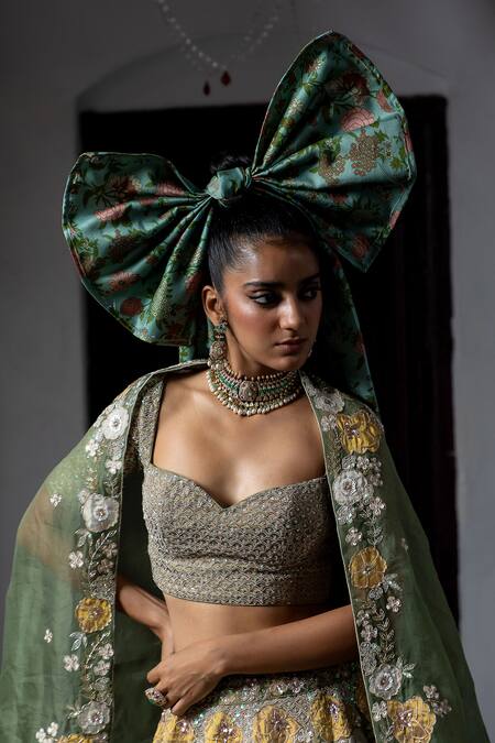 Buy_Aangan By Parul_Green Embroidery, Sequins Sweetheart Neck Verdant Muse Lehenga Set _Online_at_Aza_Fashions