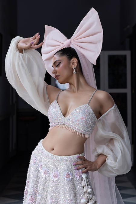 Buy_Aangan By Parul_White Organza Embroidery, Sequins, Beads Round Neck Rose Enchantment Lehenga Set _Online_at_Aza_Fashions