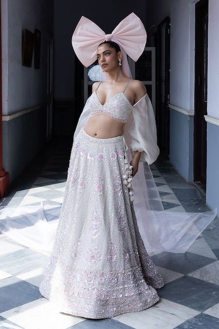Shop_Aangan By Parul_White Organza Embroidery, Sequins, Beads Round Neck Rose Enchantment Lehenga Set _Online_at_Aza_Fashions