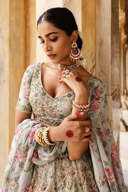 Shop_Aangan By Parul_Gray Organza Embroidery, Sequins V-neck Glistening Garden Lehenga Set _Online_at_Aza_Fashions