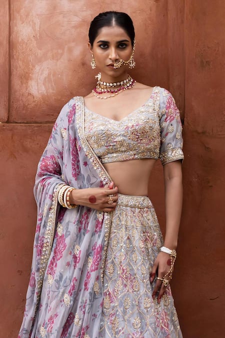 Aangan By Parul_Gray Organza Sequins, Zari, Embroidery V-neck Serene Whispers Lehenga Set _Online_at_Aza_Fashions