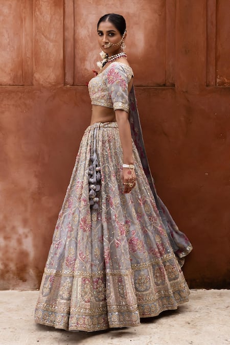Buy_Aangan By Parul_Gray Organza Sequins, Zari, Embroidery V-neck Serene Whispers Lehenga Set _Online_at_Aza_Fashions