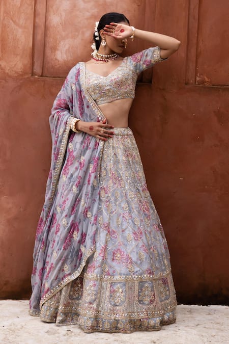 Shop_Aangan By Parul_Gray Organza Sequins, Zari, Embroidery V-neck Serene Whispers Lehenga Set _Online_at_Aza_Fashions
