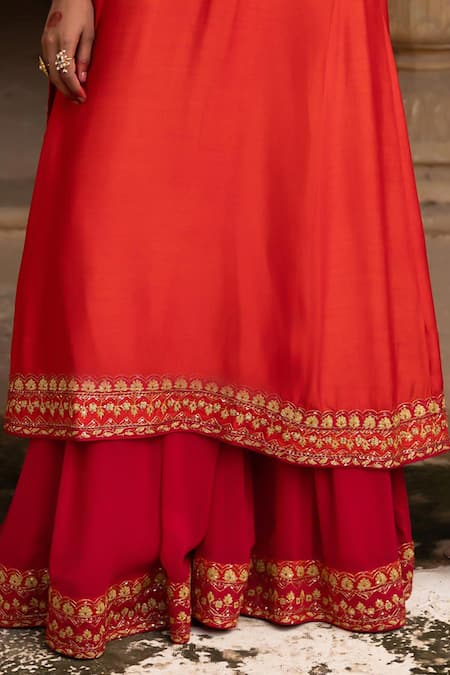 Aangan By Parul_Red Georgette Embroidery Round Neck Kurta Sharara Set _Online_at_Aza_Fashions