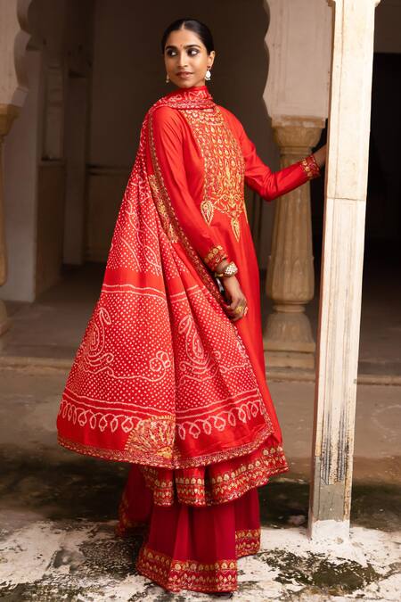 Shop_Aangan By Parul_Red Georgette Embroidery Round Neck Kurta Sharara Set _Online_at_Aza_Fashions