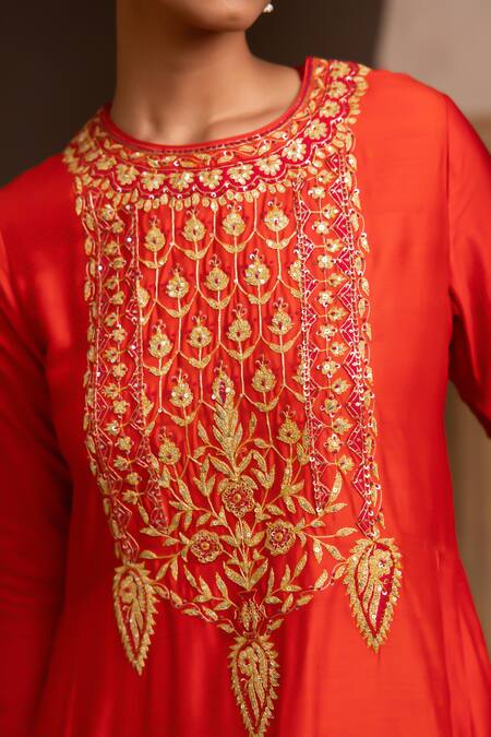 Aangan By Parul_Red Georgette Embroidery Round Neck Kurta Sharara Set _at_Aza_Fashions