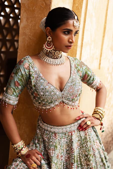 Aangan By Parul_Red Silk Sequins, Embroidery V-neck Radiant Vermilion Lehenga Set _Online_at_Aza_Fashions