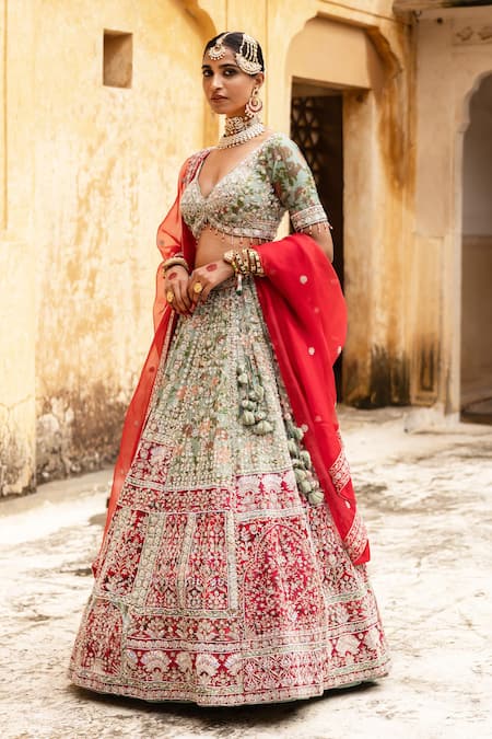 Buy_Aangan By Parul_Red Silk Sequins, Embroidery V-neck Radiant Vermilion Lehenga Set _Online_at_Aza_Fashions