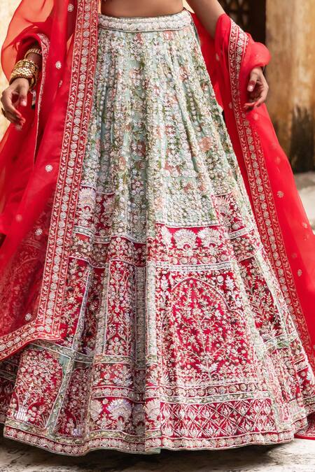 Shop_Aangan By Parul_Red Silk Sequins, Embroidery V-neck Radiant Vermilion Lehenga Set _Online_at_Aza_Fashions