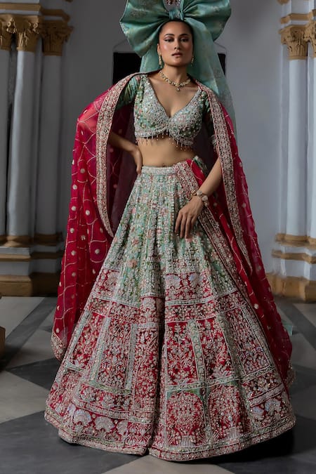 Aangan By Parul_Red Silk Sequins, Embroidery V-neck Radiant Vermilion Lehenga Set _at_Aza_Fashions