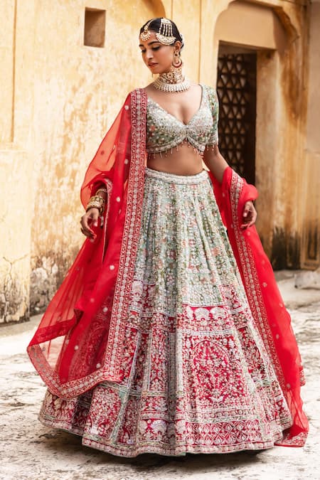 Buy_Aangan By Parul_Red Silk Sequins, Embroidery V-neck Radiant Vermilion Lehenga Set 