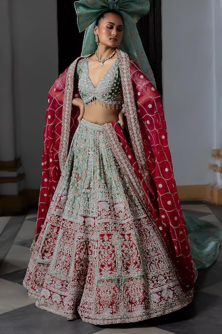 Shop_Aangan By Parul_Red Silk Sequins, Embroidery V-neck Radiant Vermilion Lehenga Set 