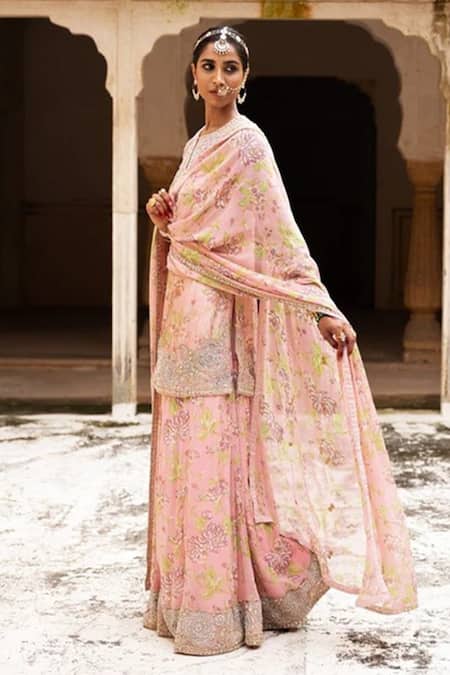 Buy_Aangan By Parul_Peach Organza, Chiffon Embroidery Round Neck Floral Grace Sharara Set _Online_at_Aza_Fashions