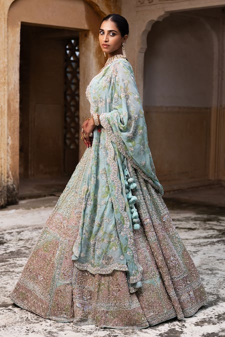 Buy_Aangan By Parul_Blue Silk Sequins, Beads, Fringe Plunge Neck Blush Opulence Lehenga Set _Online_at_Aza_Fashions