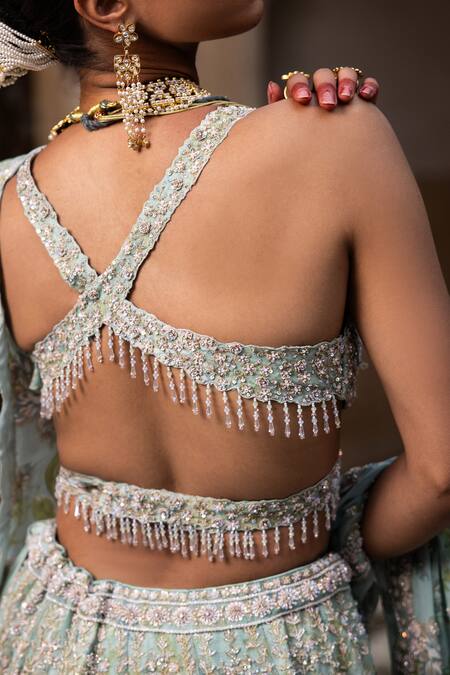 Shop_Aangan By Parul_Blue Silk Sequins, Beads, Fringe Plunge Neck Blush Opulence Lehenga Set _Online_at_Aza_Fashions