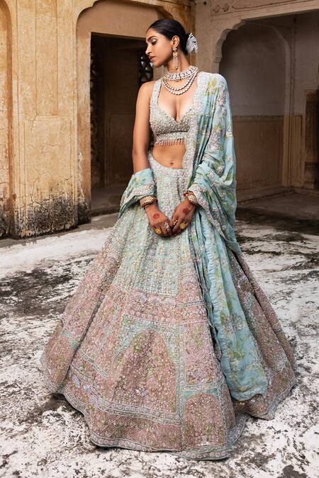 Aangan By Parul_Blue Silk Sequins, Beads, Fringe Plunge Neck Blush Opulence Lehenga Set _at_Aza_Fashions