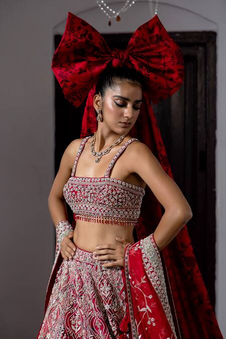 Shop_Aangan By Parul_Red Sequins, Beads, Embroidery Square Neck Eclipsed Ruby Lehenga Set _Online_at_Aza_Fashions