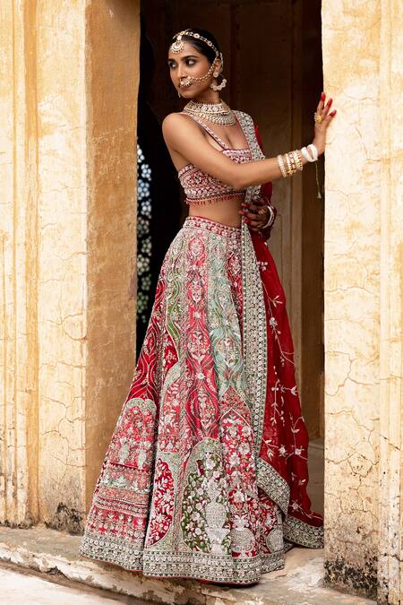 Aangan By Parul Eclipsed Ruby Lehenga Set 