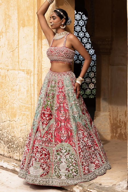 Aangan By Parul Eclipsed Ruby Lehenga Set 