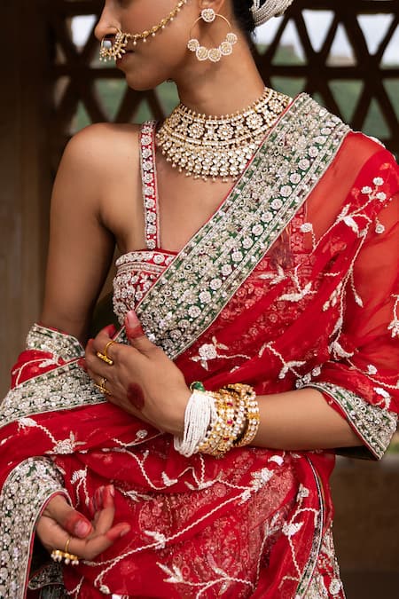 Aangan By Parul_Red Sequins, Beads, Embroidery Square Neck Eclipsed Ruby Lehenga Set _at_Aza_Fashions