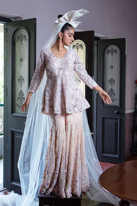 Aangan By Parul_Pink Organza, Chiffon Sequins, Embroidery V-neck Starry Serenade Sharara Set _Online_at_Aza_Fashions