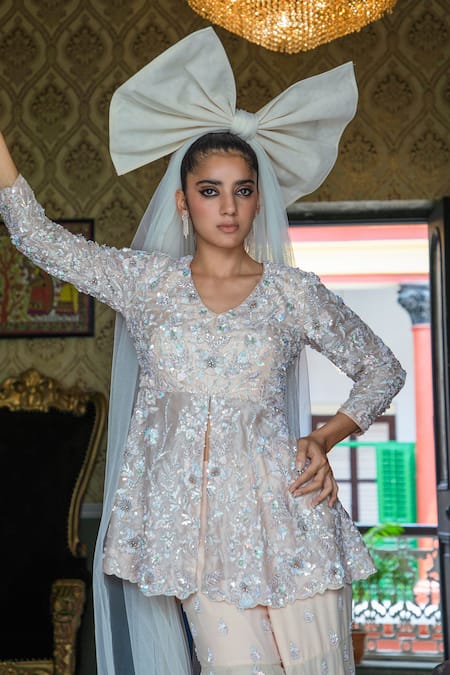 Buy_Aangan By Parul_Pink Organza, Chiffon Sequins, Embroidery V-neck Starry Serenade Sharara Set _Online_at_Aza_Fashions