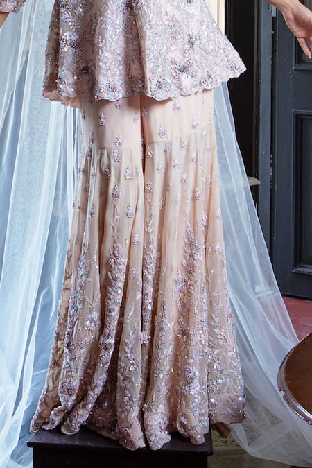 Shop_Aangan By Parul_Pink Organza, Chiffon Sequins, Embroidery V-neck Starry Serenade Sharara Set _Online_at_Aza_Fashions