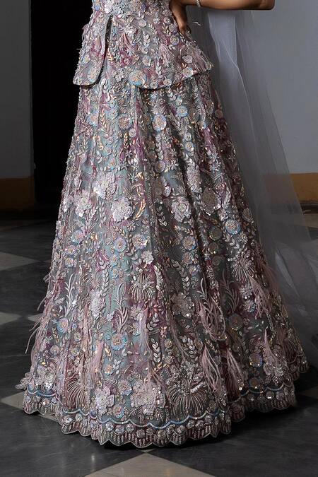 Aangan By Parul_Gray Organza Feathers V-neck Opal Bliss Gown _Online_at_Aza_Fashions