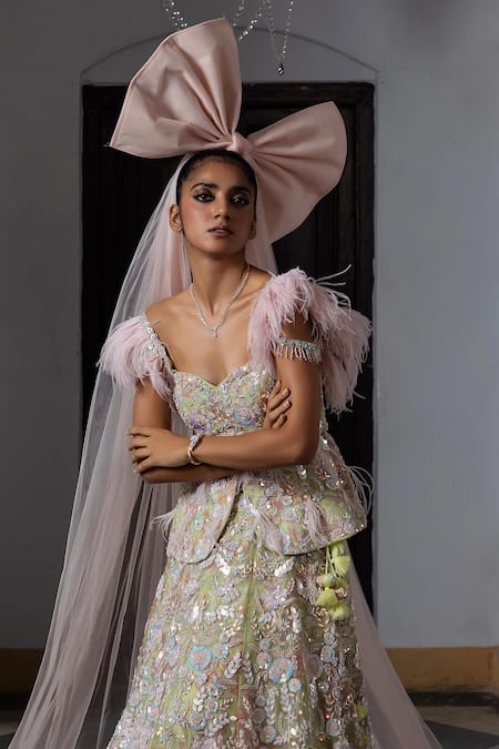 Aangan By Parul_Green Organza Embroidery Sweetheart Neck Classical Amethyst Charm Gown _Online_at_Aza_Fashions